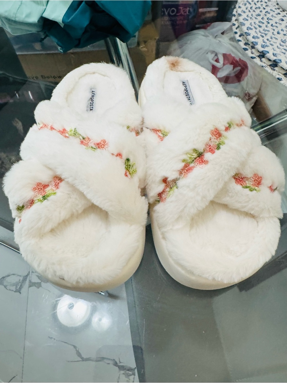 Aeropostale Cream Faux-Fur Slide Slippers with Pink & Green Floral Embroidery